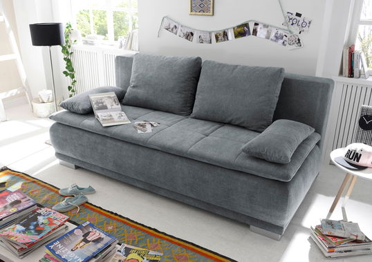 Canapea extensibila cu lada de depozitare, tapitata cu stofa, 3 locuri, Lois Antracit, l211xA103xH93 cm