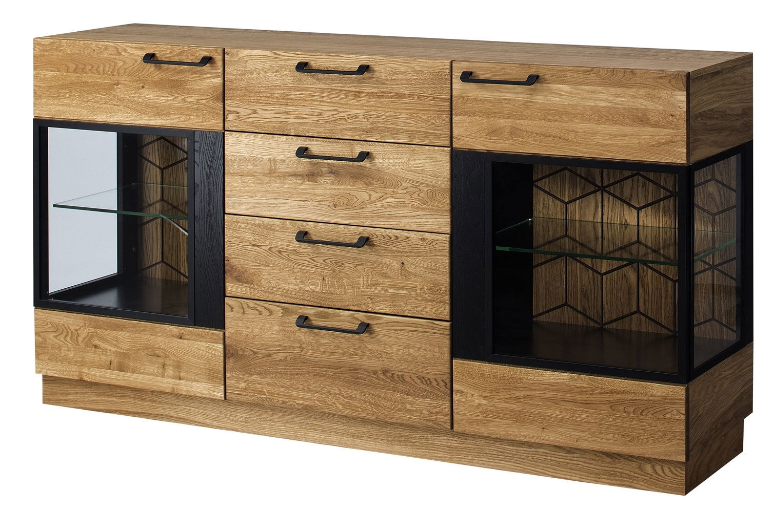 Comoda cu vitrina din lemn si furnir, 4 sertare si 2 usi, LED inclus Mosaic 47 Stejar / Negru, l170xA42xH90 cm