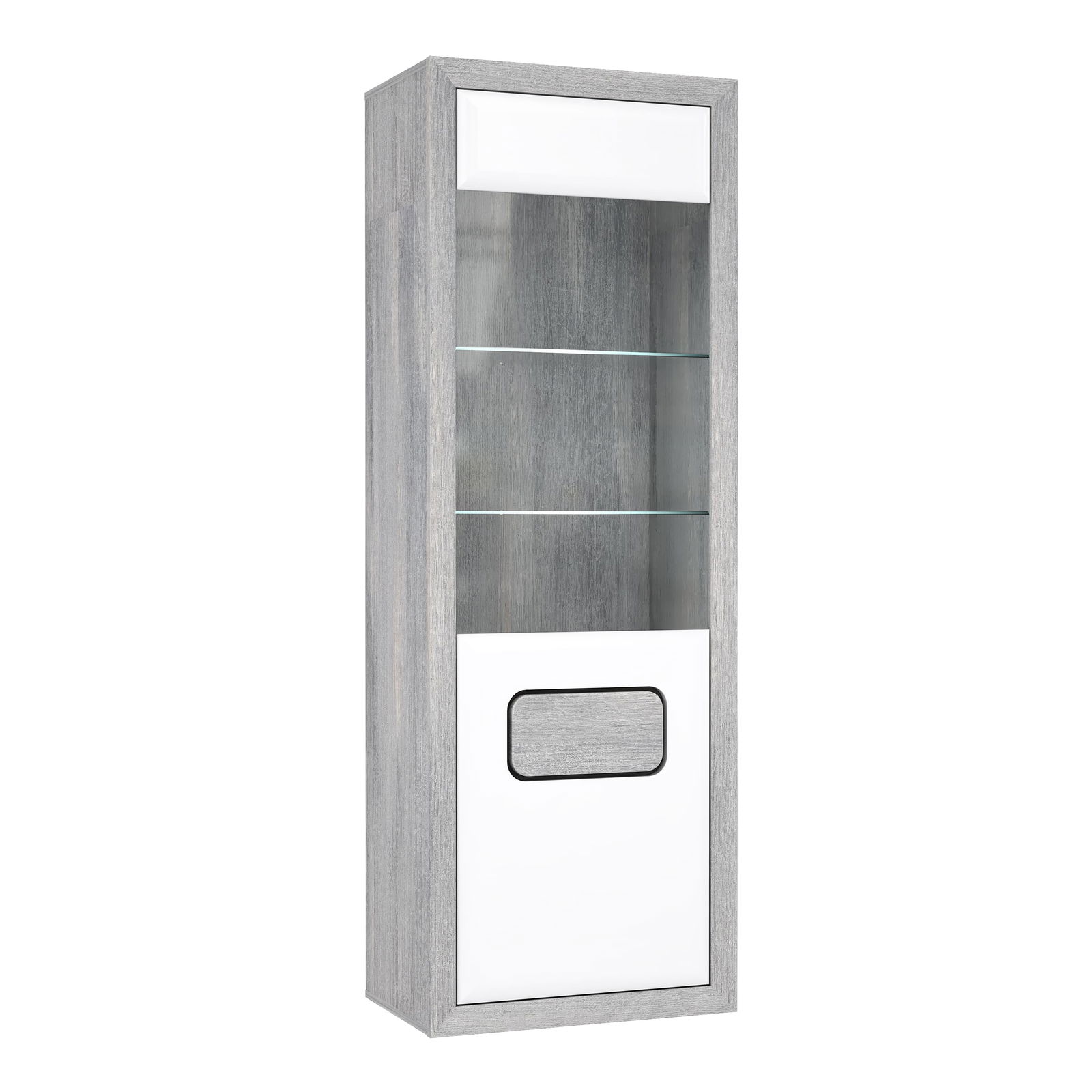 Vitrina din pal, cu 1 usa si LED inclus Torrin Small, Stejar Ice Grey / Alb, l66xA41,7xH190,6 cm