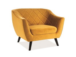 Fotoliu fix tapitat cu stofa si picioare din lemn Mondal 1 Velvet Mustariu / Wenge, l105xA85xH83 cm