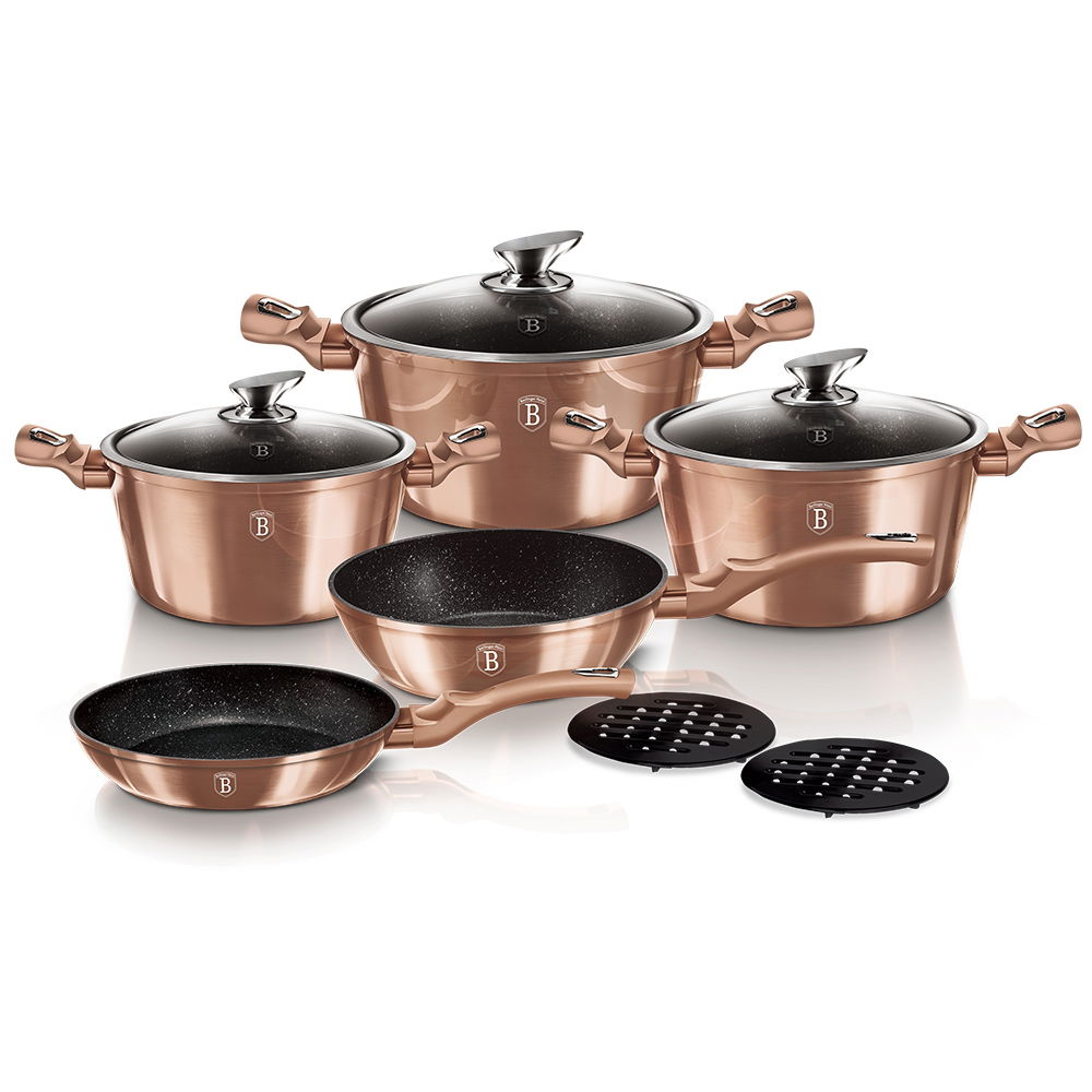 Set oale si tigai din aluminiu cu invelis antiaderent de marmura, 10 piese, Metallic Line Rose Gold