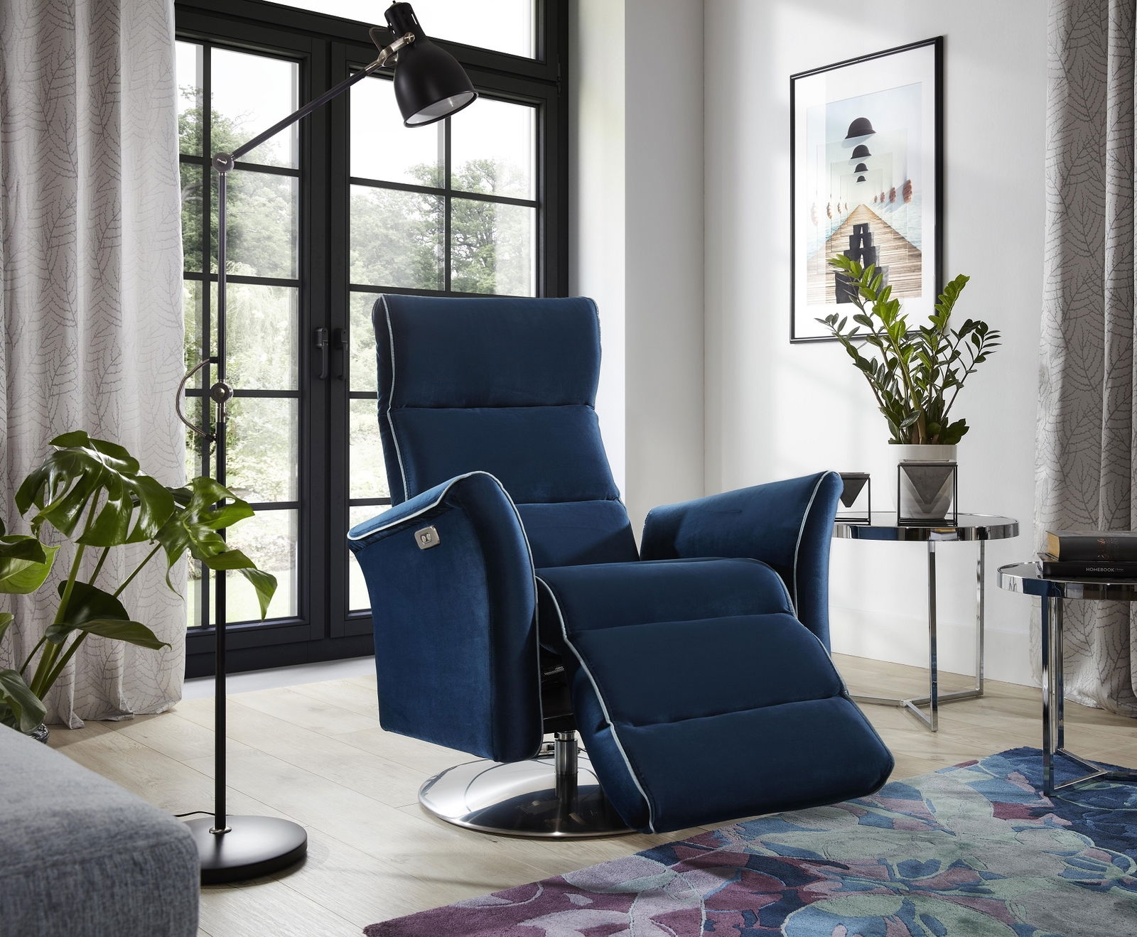 Fotoliu rotativ cu mecanism electric Relax, tapitat cu stofa, Lival Bleumarin, l86xA86xH114 cm