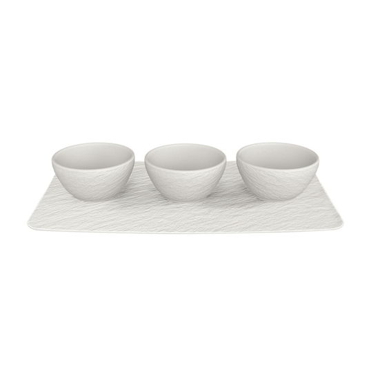 Set 3 boluri aperitiv si tava servire, din portelan Manufacture Rock Alb, Villeroy & Boch