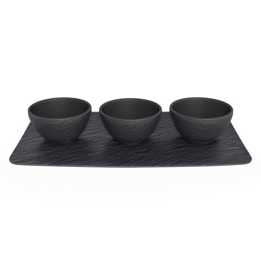 Set 3 boluri aperitiv si tava servire, din portelan Manufacture Rock Negru, Villeroy & Boch