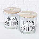 Set 2 Lumanari Aniversare Happy Birthday, Alb, din Ceara in pahar de Sticla, Rotunde Ø10xH11 cm