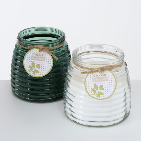 Set 2 Lumanari Parfumate Citronella, Verde/Alb, din Parafina in Pahar de Sticla, Timp de Ardere 40H, Rotunde Ø12xH13 cm