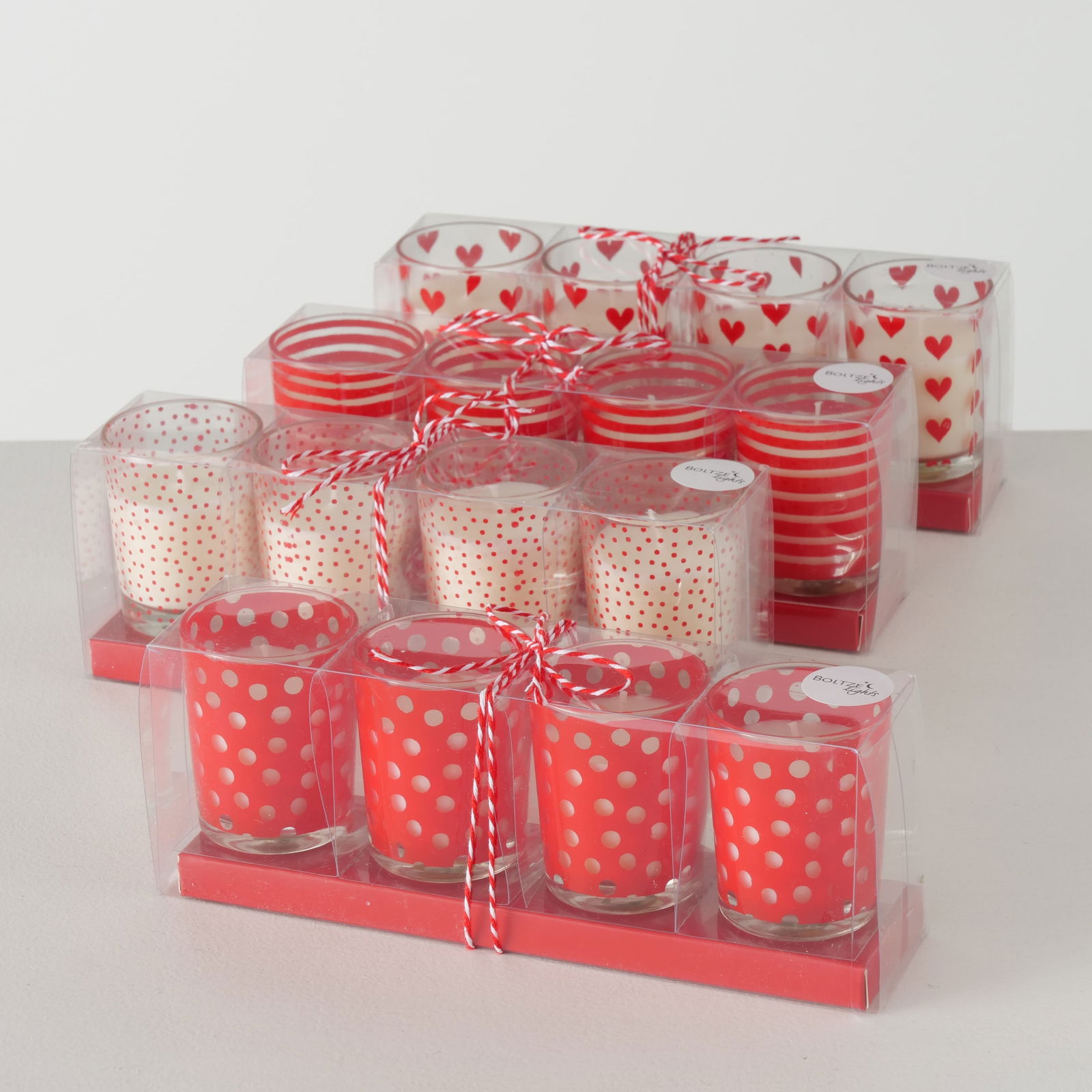 Set 16 Lumanari Decorative Lola, Alb/Rosu, din Ceara in Pahar de Sticla, Rotunde Ø5xH6 cm