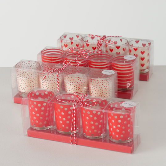Set 16 Lumanari Decorative Lola, Alb/Rosu, din Ceara in Pahar de Sticla, Rotunde Ø5xH6 cm