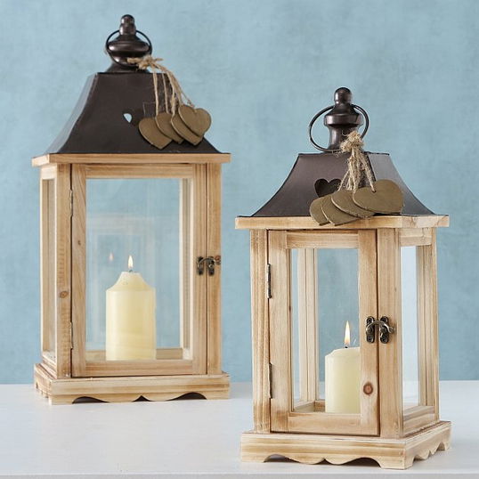 Set 2 felinare decorative din lemn Venice Natural, L25xl25xH56 cm / L18xl18xH41 cm