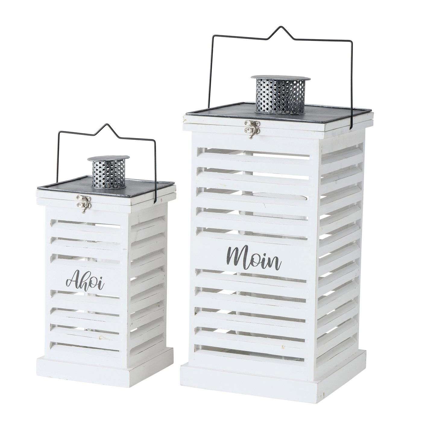 Set 2 felinare decorative din lemn Ahoi Alb, L25xl25xH53 cm / L18xl18xH38 cm