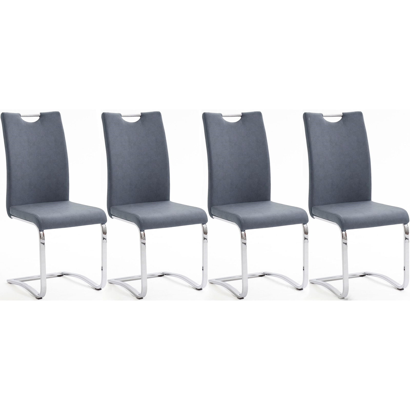 Set 4 scaune tapitate cu piele ecologica si picioare metalice, Tia Gri Bleu / Crom, l43xA57xH100 cm