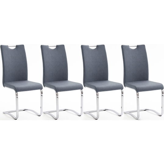 Set 4 scaune tapitate cu piele ecologica si picioare metalice, Tia Gri Bleu / Crom, l43xA57xH100 cm
