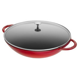 Wok din fonta cu invelis antiaderent de email negru mat si capac, Ø37 cm, Staub Cherry / Negru