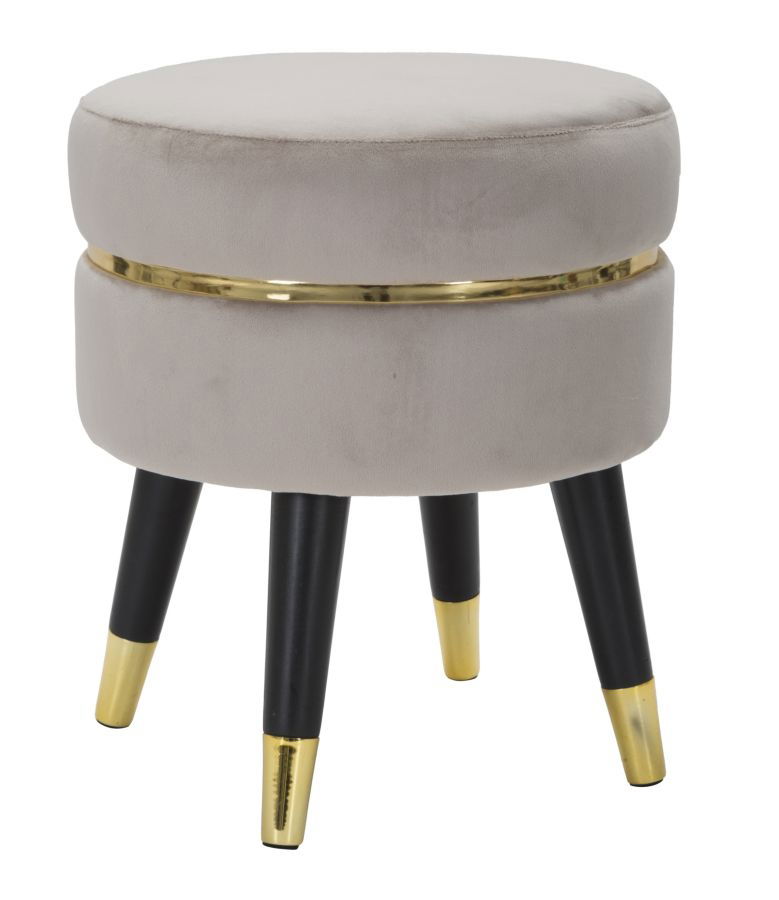 Taburet tapitat cu stofa si picioare din lemn, Paris Velvet Gri / Negru / Auriu, Ø35xH40,5 cm