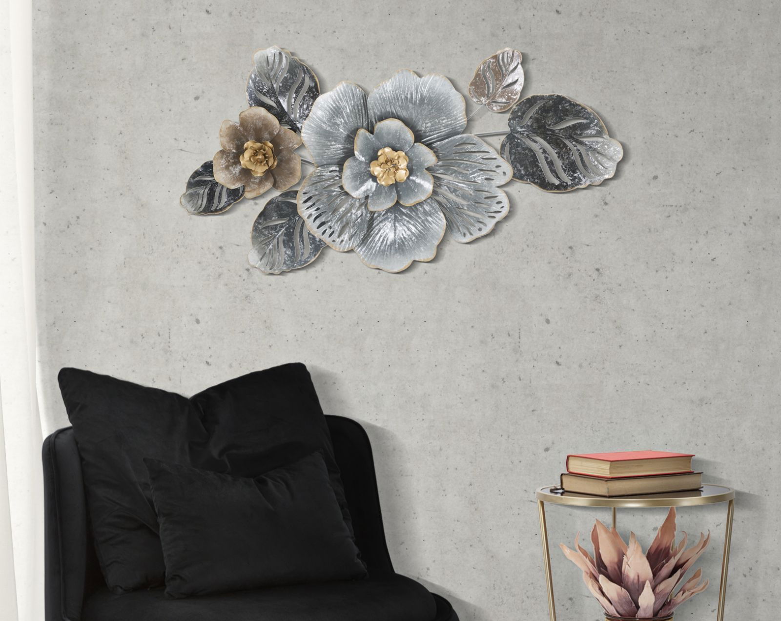 Decoratiune metalica de perete, Grey Flowers B Multicolor, l84xA9,5xH48 cm