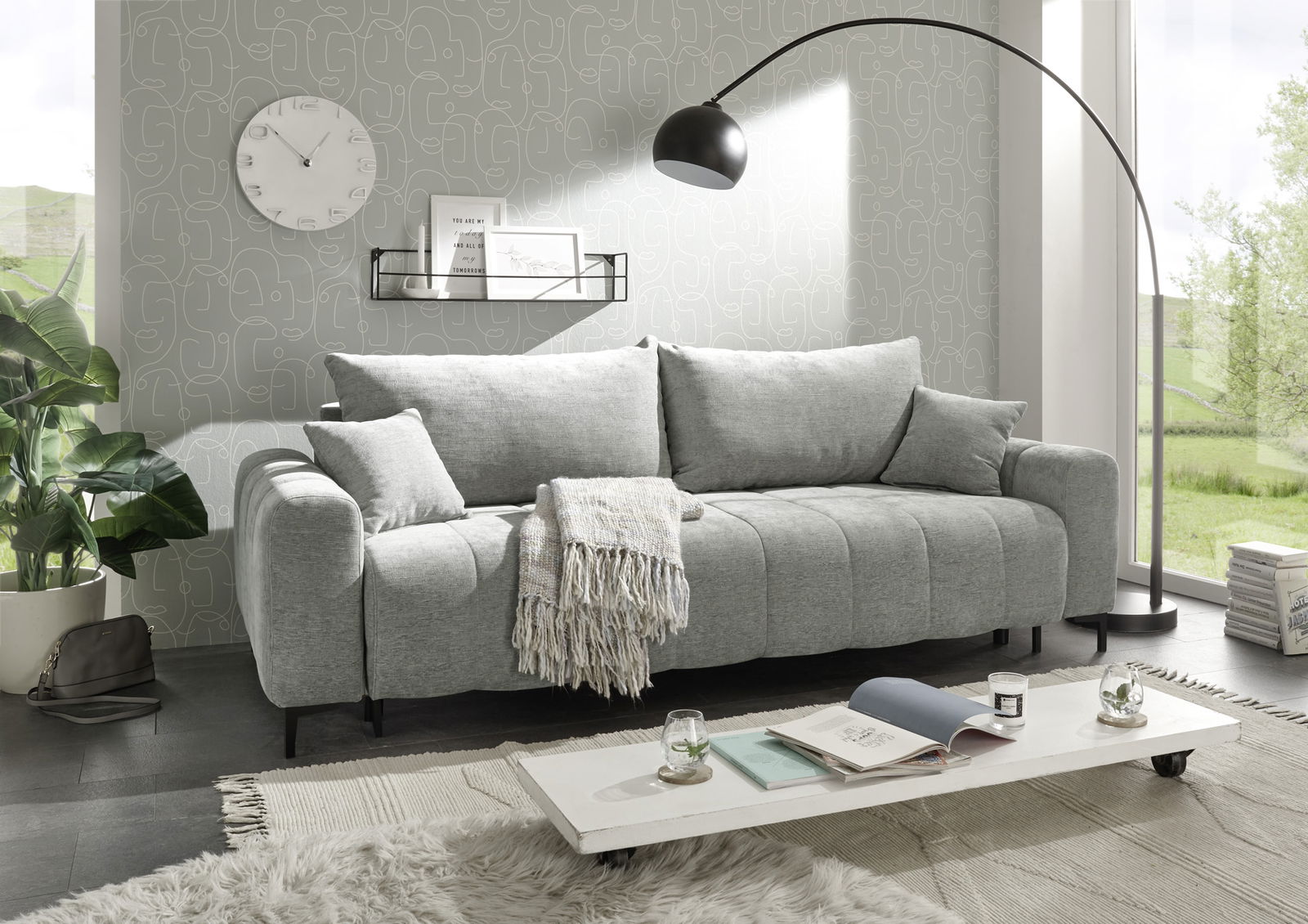 Canapea Tania Odin 06 Extensibila cu Arcuri Elicoidale si Spuma Poliuretanica, 3 Locuri, Suprafata de Dormit 193x156 cm, tapitata cu Stofa, cu Lada de Depozitare, Perne Incluse, l245xA108xH73 cm