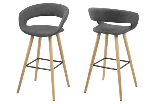 Set 2 scaune de bar tapitate cu stofa si picioare din lemn Grace Gri Inchis / Stejar, l55xA46,5xH98 cm