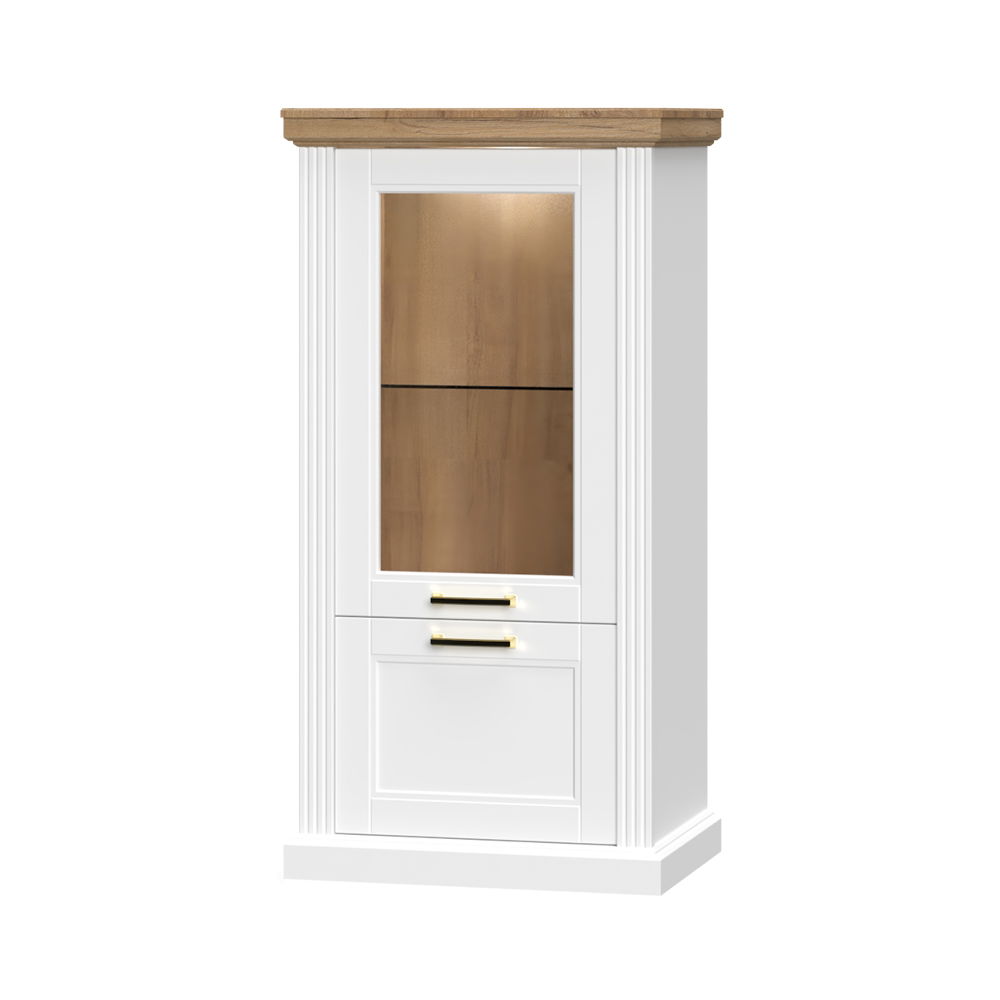 Vitrina din pal, cu 2 usi si LED inclus, Tara Small Alb Mat / Nuc Pacific, l66xA48xH132 cm