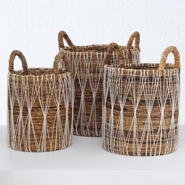 Set 3 cosuri pentru depozitare, din frunze de bananier, Tolimji Alb / Natural, Ø40xH50 cm / Ø35xH48 cm / Ø30xH42 cm