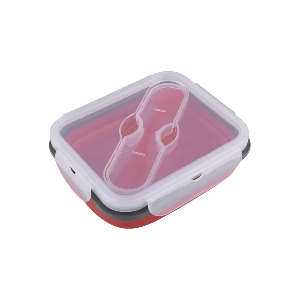 Cutie pliabila pentru pranz cu tacamuri, din silicon, Pepper Rosu, L15,2xl12,5xH4-7,3 cm