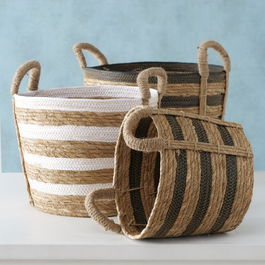 Set 3 cosuri pentru depozitare, din paie Edwin Natural, Ø45xH41 cm / Ø39xH38 cm / Ø32xH32 cm