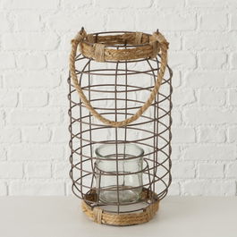 Felinar decorativ din metal, Zaneta Gri / Natural, Ø21xH37 cm