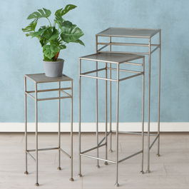 Set 3 masute suport flori din metal, Trena Gri Antichizat, L30xl30xH75 cm / L25xl25xH66 cm / L20xl20xH55 cm