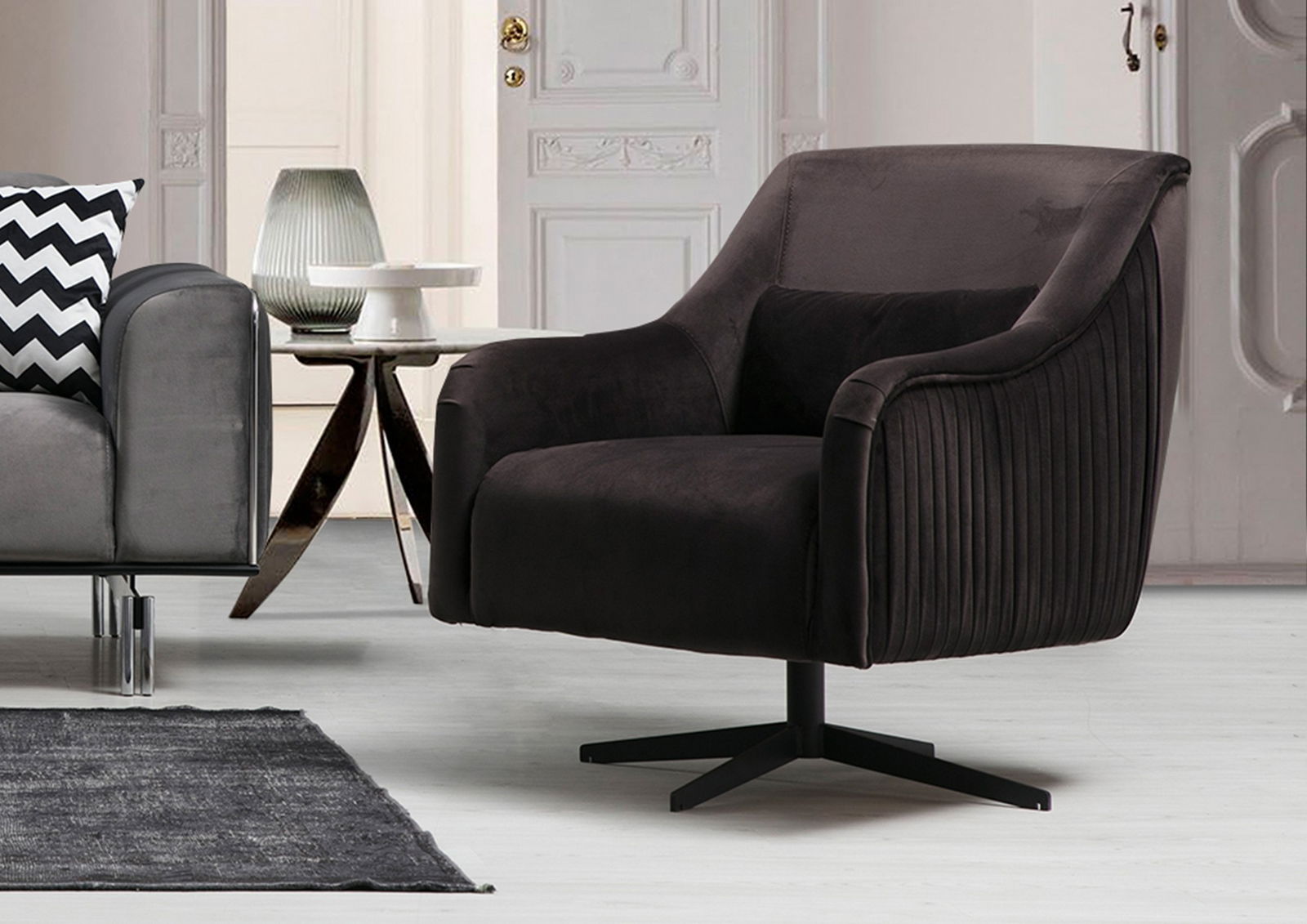 Fotoliu fix tapitat cu stofa, London Velvet Negru, l72xA83xH86 cm