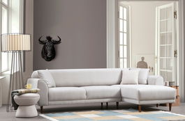 Coltar Image Gri Deschis Fix cu Arcuri si Spuma Poliuretanica, Sezlong pe Dreapta, tapitat cu Stofa Easy Clean, Perne Incluse, l287xA169xH85 cm