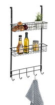 Suport metalic pentru usa cu 2 compartimente de depozitare si 5 carlige, Over Door Negru, l39xA10xH75 cm