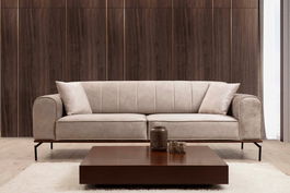 Canapea Siesta Crem Functie Sleep cu Arcuri si Spuma Poliuretanica, 3 Locuri, Suprafata de Dormit 210x78 cm, tapitata cu Stofa Easy Clean, Spatar Reversibil, Perne Incluse, l230xA78xH92 cm