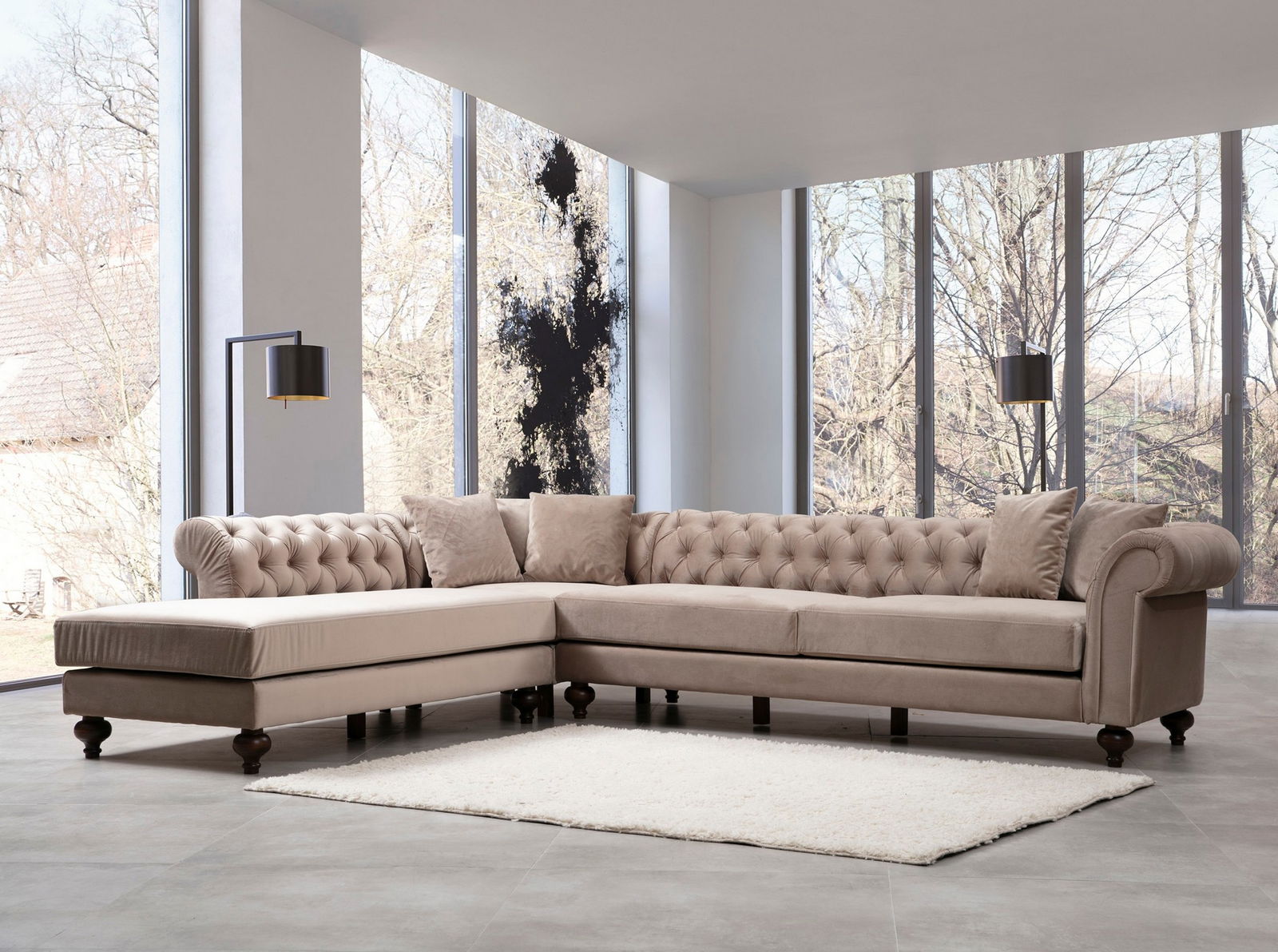 Coltar Bogart Velvet Bej Fix cu Spuma Poliuretanica, Sezlong pe Stanga, tapitat cu Stofa Easy Clean, Perne Incluse, l320xA240xH72 cm
