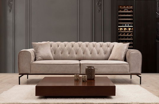 Canapea Siesta Capitone Crem Functie Sleep, cu Spuma Poliuretanica, 3 Locuri, Suprafata de Dormit 210x78 cm, tapitata cu Stofa Easy Clean, Spatar Reversibil, Perne Incluse, l230xA78xH92 cm