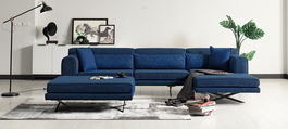 Coltar Alat Bleumarin Fix cu Spuma Poliuretanica, Sezlong pe Dreapta, tapitat cu Stofa, Taburet Inclus, Perne Incluse, l301xA171xH74 cm