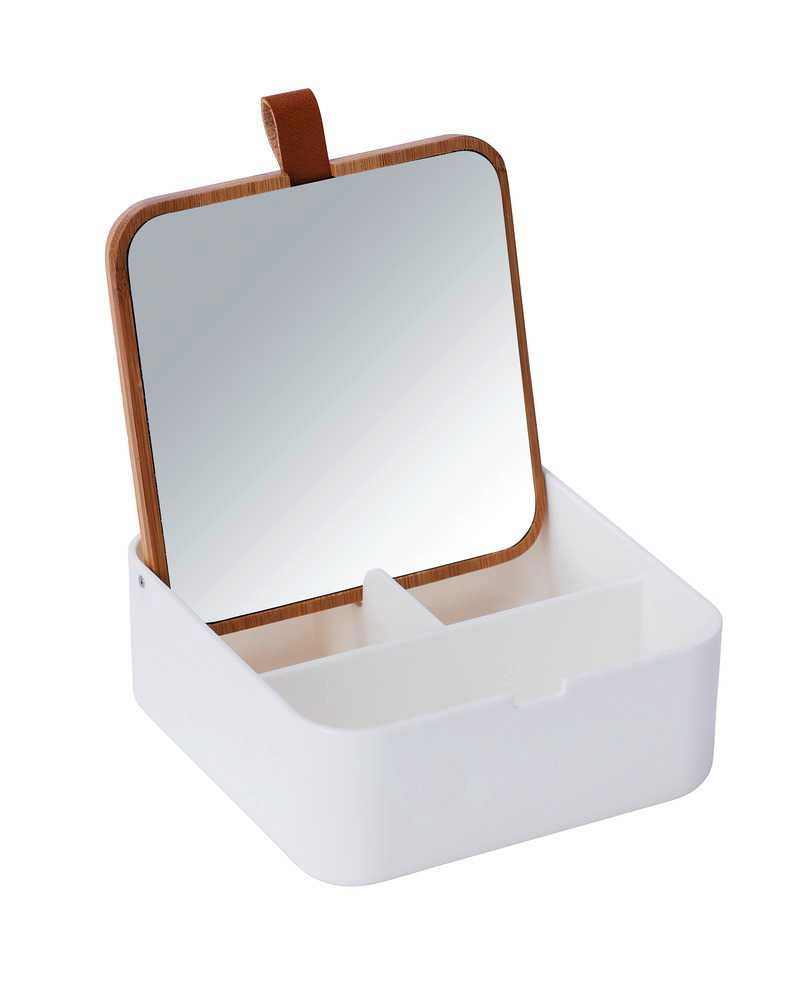 Cutie pentru cosmetice cu oglinda, din plastic si bambus, Bovisa Alb / Natural, l14xA14xH5,5 cm