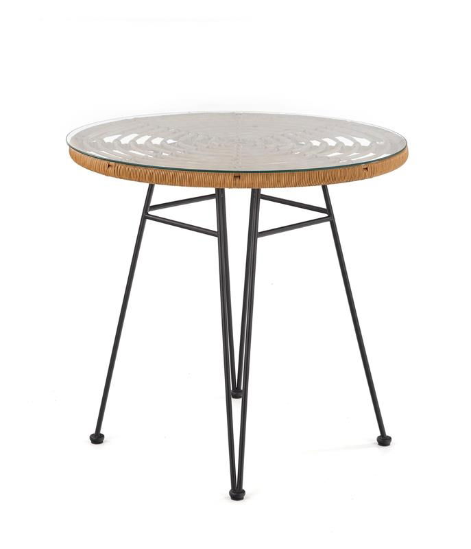 Masa de gradina / terasa din ratan sintetic, sticla si metal, Fabre Natural / Negru, Ø79xH76 cm