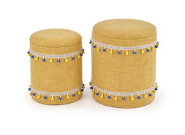 Set 2 taburete tapitate cu stofa si spatiu de depozitare, Grayton Galben, Ø38xH44 / Ø30xH37 cm