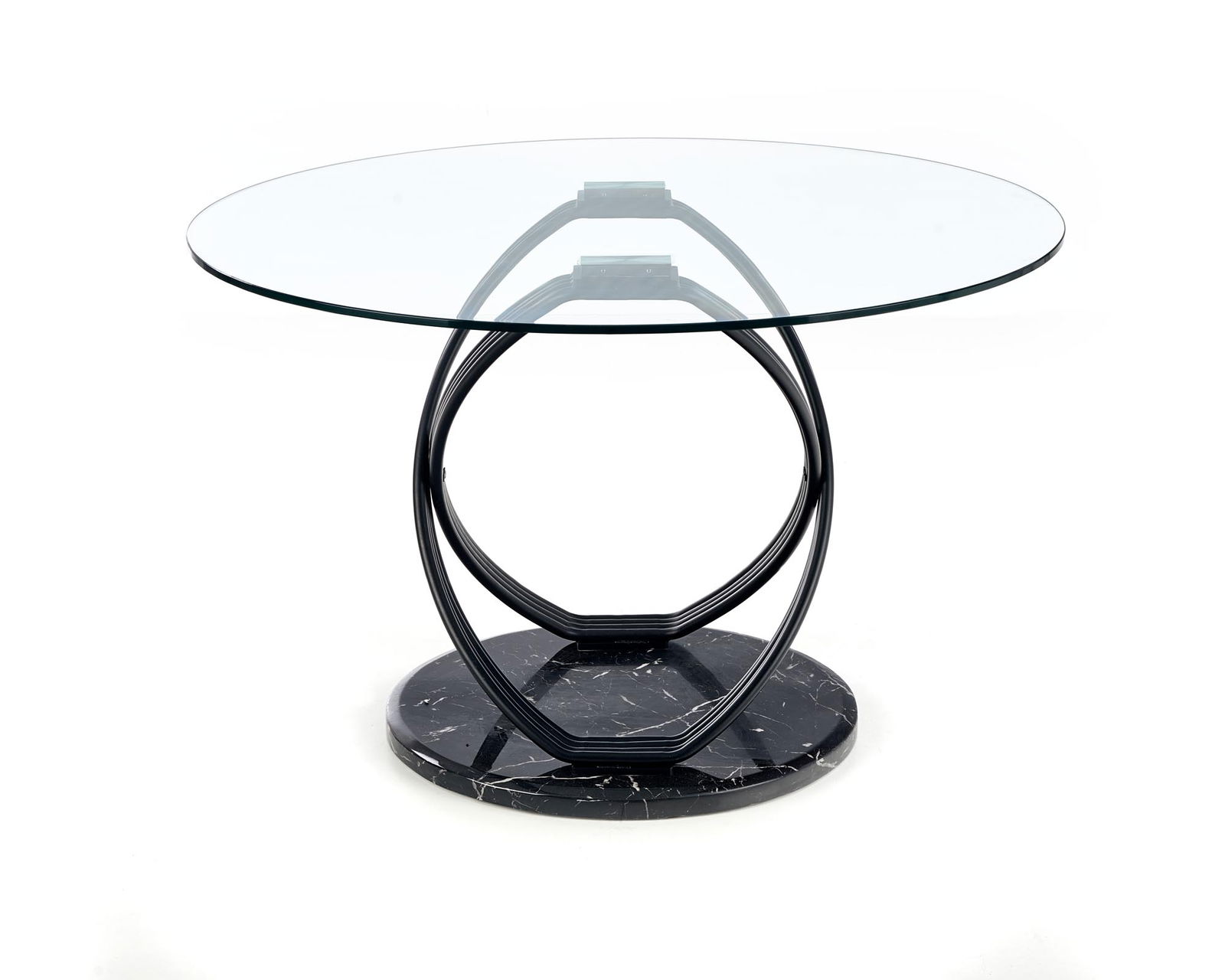 Masa rotunda din sticla, MDF si metal, Optio Transparent / Negru, Ø122xH77 cm