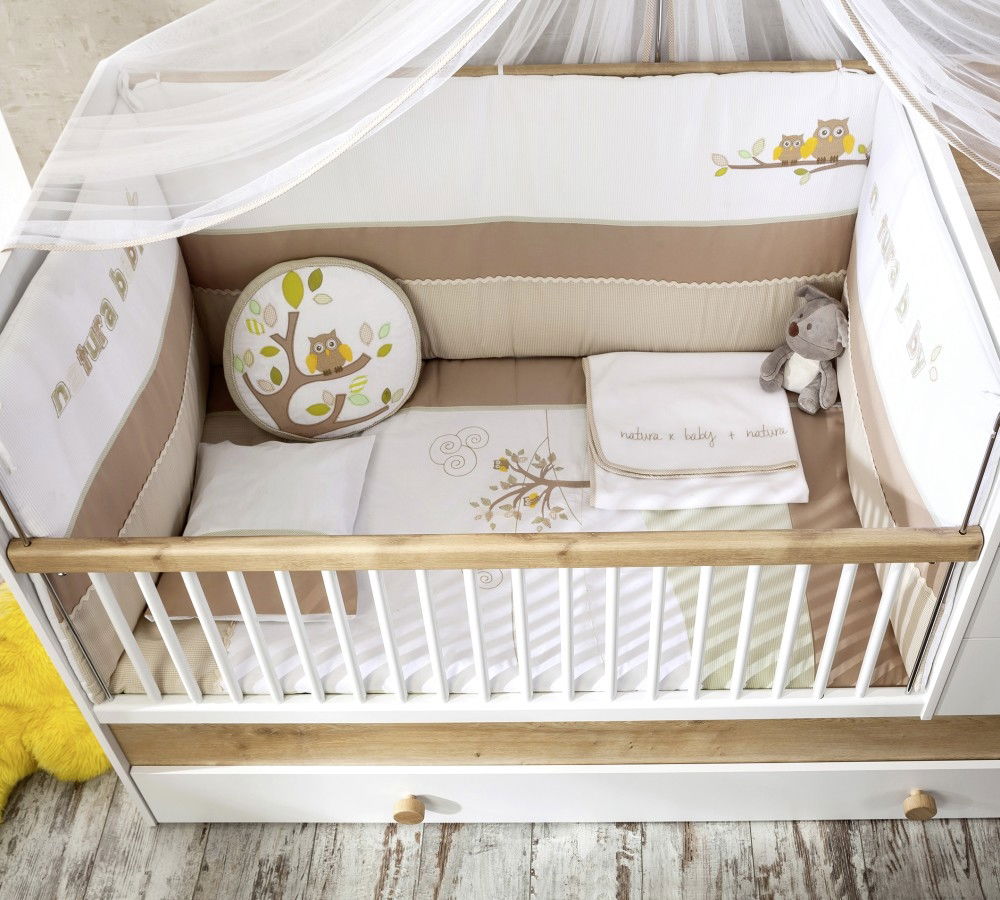Set lenjerie pentru patut bebe 9 piese Natura Baby, 80 x 130 cm
