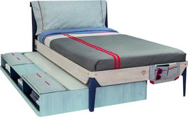 Pat din pal cu sertar si capatai tapitat pentru tineret, baieti 12-24 ani, Trio Natur / Dark Blue I, 200 x 120 cm