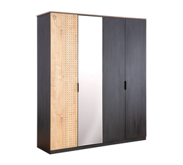 Dulap din pal cu 4 usi si oglinda, pentru tineret Blacky Black / Nature, l182xA53xH210 cm