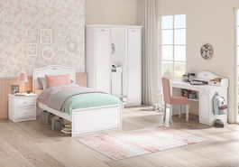 Set Mobila dormitor din pal, pentru tineret 5 piese Selena Grey Alb / Gri, 200 x 120 cm