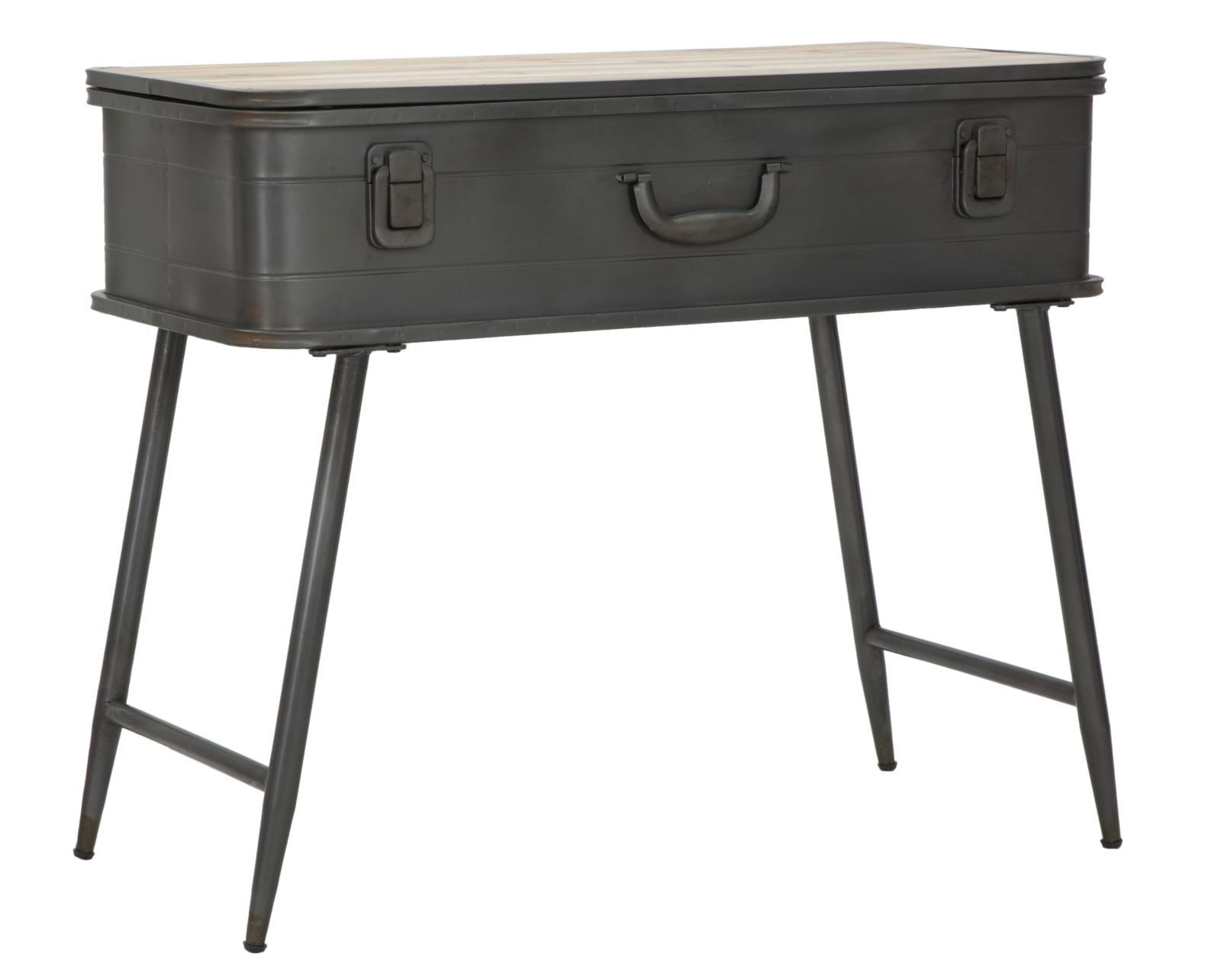 Consola din lemn de brad si metal, cu spatiu de depozitare Industry Natural / Grafit, l80xA35xH67,5 cm