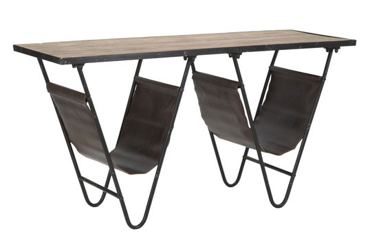 Masa din lemn de brad si metal, cu suport reviste Simply V Natural / Negru, L120xl43xH62,5 cm