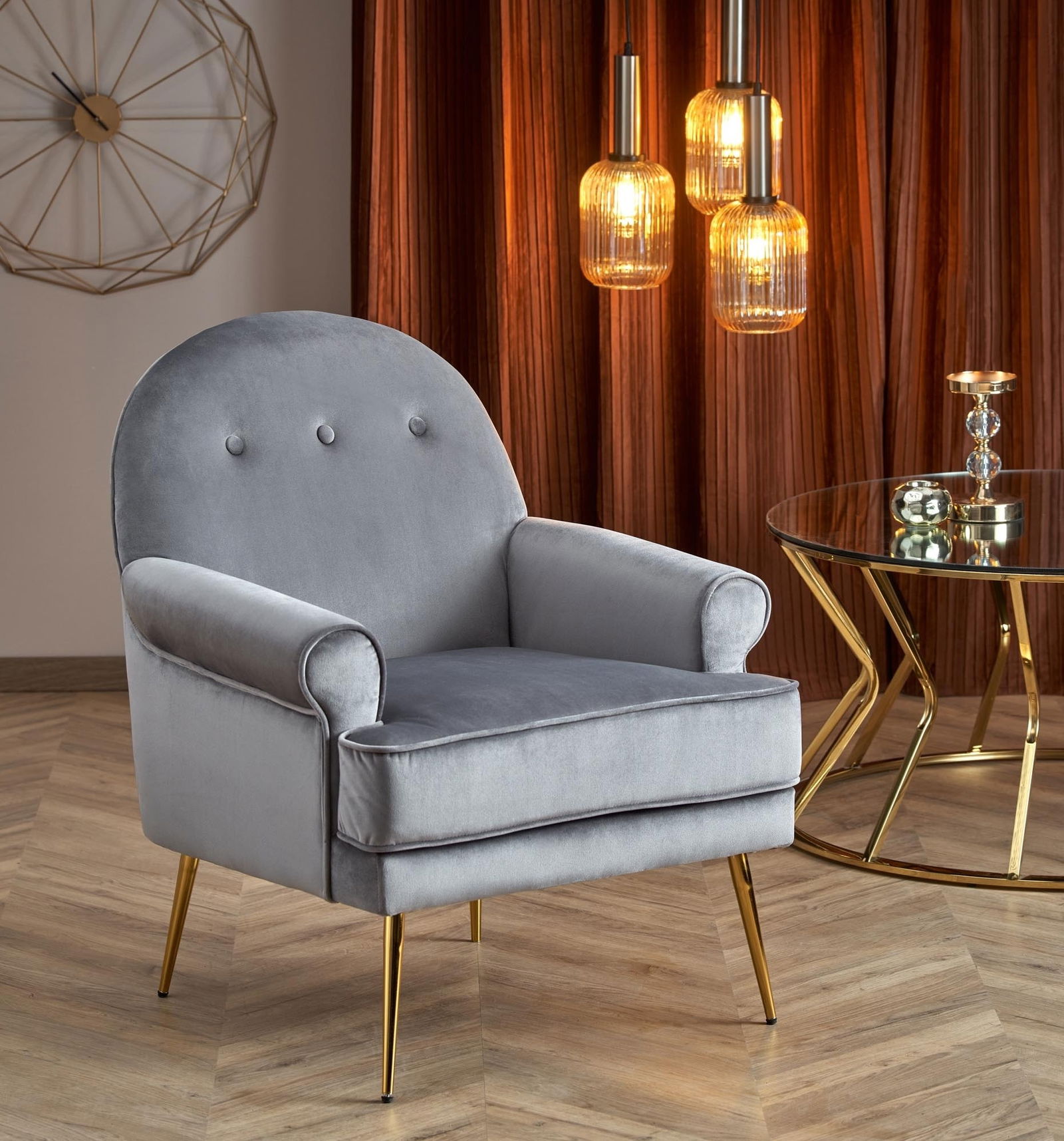 Fotoliu fix tapitat cu stofa si picioare metalice, Sandrro Velvet Gri / Auriu, l74xA74xH88 cm