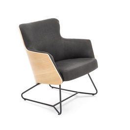 Fotoliu fix tapitat cu stofa si picioare metalice, Champ Gri Inchis / Stejar / Negru, l74xA67xH79 cm