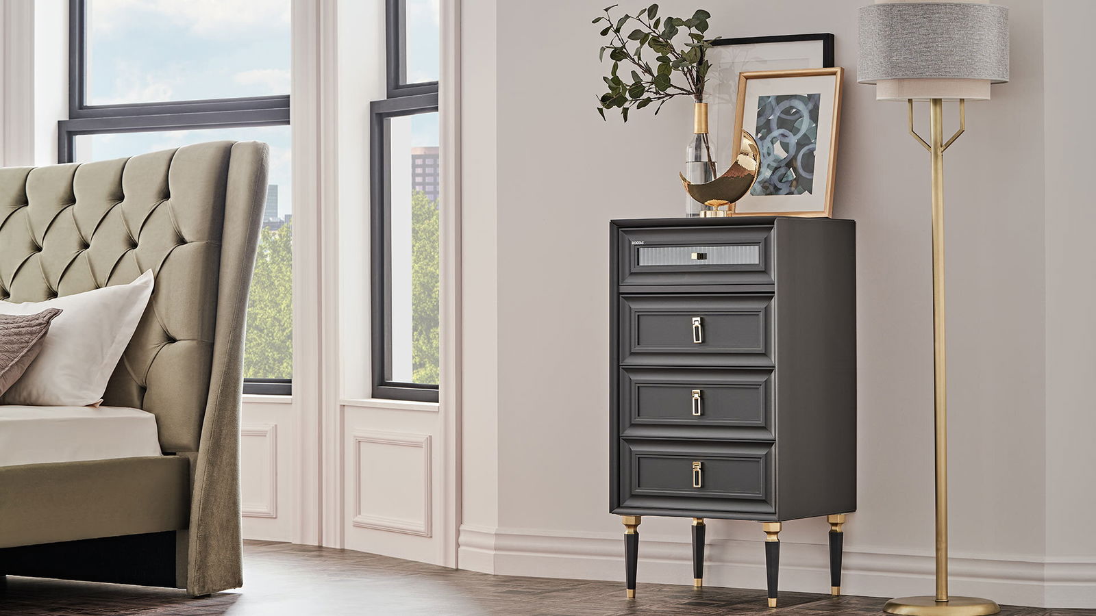 Cabinet din pal, cu 4 sertare, Lorenta Antracit, l53,8xA44,5xH104,9 cm