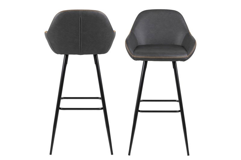 Set 2 scaune de bar tapitate cu piele ecologica si picioare metalice Candis Gri Inchis / Negru, l52,5xA53xH101,5 cm