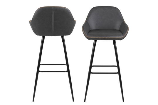 Set 2 scaune de bar tapitate cu piele ecologica si picioare metalice Candis Gri Inchis / Negru, l52,5xA53xH101,5 cm