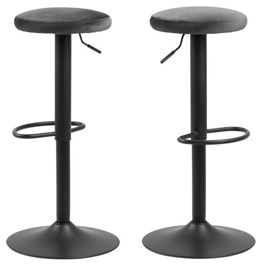 Set 2 scaune de bar tapitate cu stofa si picior metalic Finch Velvet Gri Inchis / Negru, Ø40xH80 cm